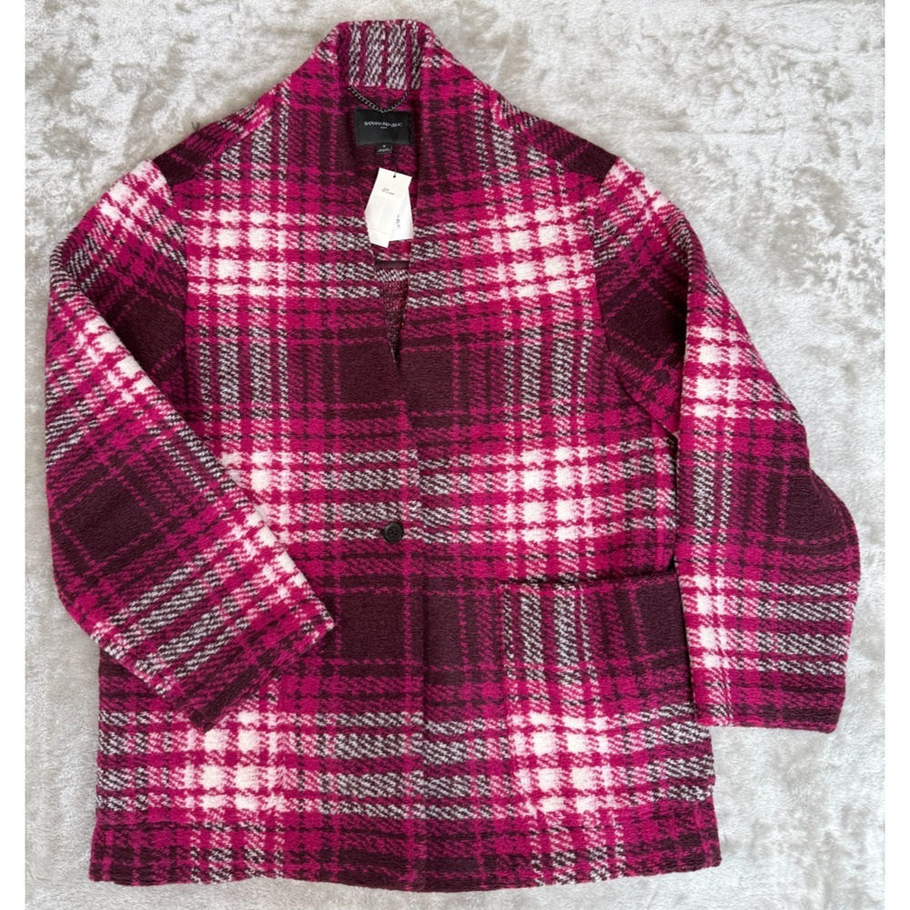 Banana Republic Wool Blend Maroon Pink Plaid Boucle Knit Jacket Size S NWT